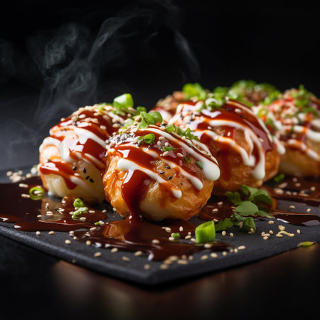 Takoyaki with sauce and sesame seeds on black backgroundの素材