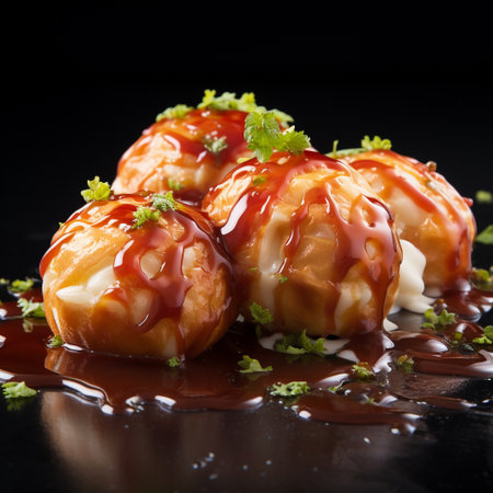 Takoyaki sushi rolls with sauce on a black background.の素材