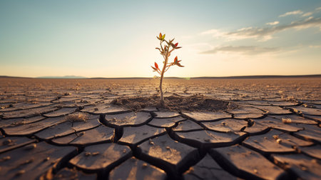 Plant on cracked ground in the desert, global warming concept.の素材