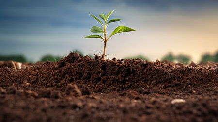 Green seedling growing on fertile soil, new life and agriculture conceptの素材
