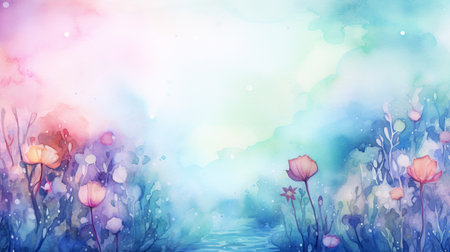 Watercolor summer landscape with flowers. Illustration for your design.の素材