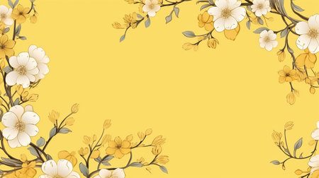 Cherry blossom branch with flowers on yellow background. Vector illustration.の素材