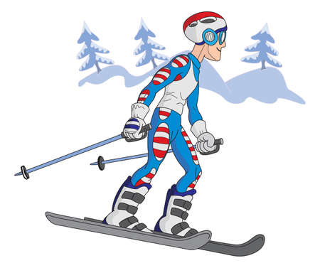 Cartoon style smiling skier on the snow with fir trees and snowed mountains in backgroundのイラスト素材