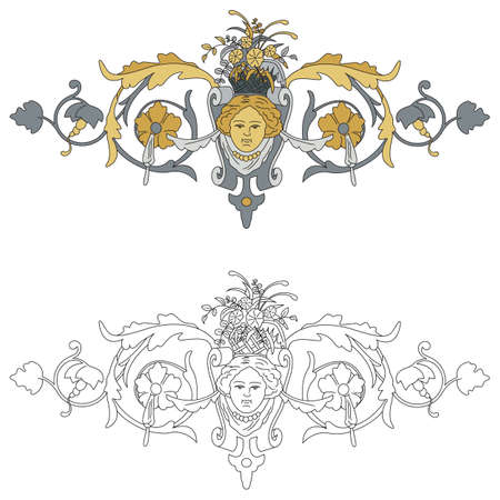 Interpretation of coat of arms with cherub black outline and colored with shades of gold and silverのイラスト素材