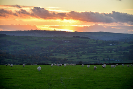 Sunset over Peak district farmlandの写真素材