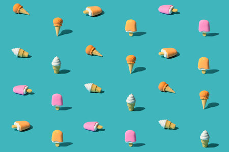 Ice cream stylized regular pattern on a trendy blue background.の写真素材