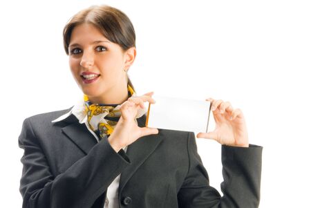cute hostess in black suit showing some tickets with a great smileの写真素材