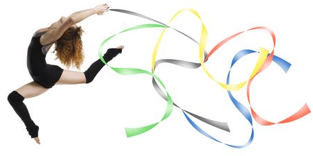 a modern dancer with black dress jumping with colored strings sports competition color\rの写真素材