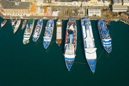 aerial view of some ship inside a seaportの写真素材