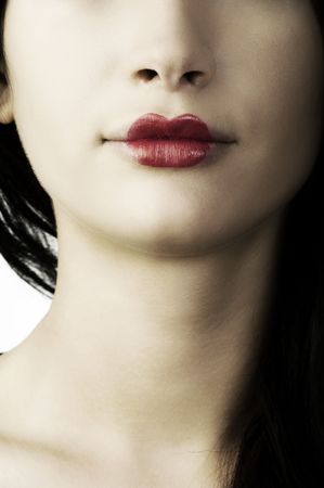 close up of a woman with classic  japanese make up on her lipsの写真素材