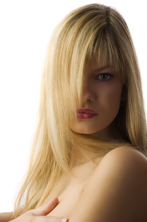 nice shot of a beautiful young woman covering one eye with long blond hair
の写真素材
