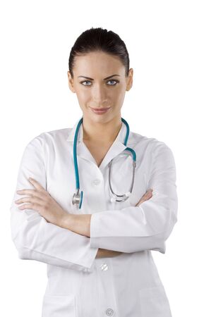 stunning brunette in white gown as a medical doctor with stethoscope の写真素材