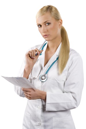 smiling medical doctor woman with stethoscope Isolated over white background の写真素材