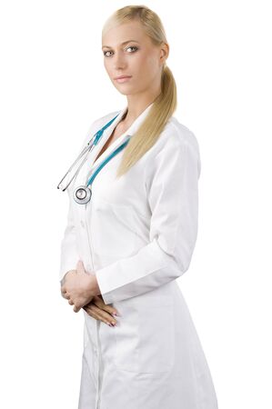 smiling medical doctor woman with stethoscope Isolated over white background の写真素材