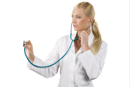 medical doctor woman with stethoscope Isolated over white background in act to visitの写真素材