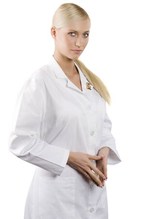 cute blond woman in white night gown as a medical doctor の写真素材