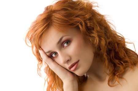 sweet portrait of cute red haired young woman with great makeupの写真素材