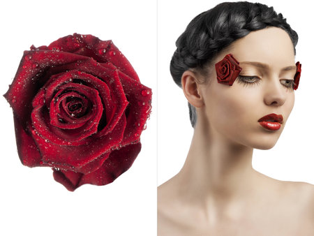beauty young girl with a floral makeup. She is turned of three quarters and looks in to the lens with attractive expressionの写真素材