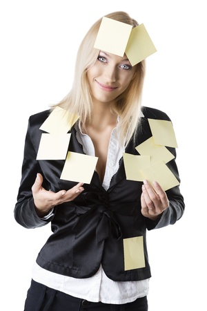  pretty business woman with black jacket and some post-it on her body, she looks in to the lens and smilesの写真素材