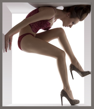 amazing creative portrait of sexy brunette woman with red lingerie and heels posing in a small white box の写真素材