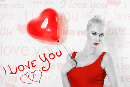 black and white sexy blonde girl with heart shaped heart balloon, some part are in red , valentine styleの写真素材