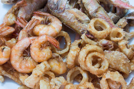 Mixed fried fish with mullet prawns and squid