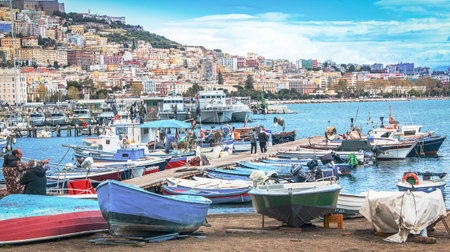 Fishing boats in Naples, Italyの写真素材
