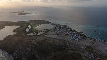 sunrise from the Caribbean Sea, with aerial view from a droneの写真素材