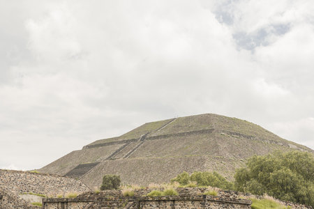 view of the side of Great Pyramid of the Sun in the ancient Aztec city of Teotihuacan in Mexicoの写真素材
