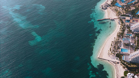 Cancuns coastline in the hotel zone with crystal-clear waters, Mexico. Copy space.
