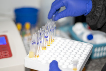Centrifuge, sample tubes, pipettes, clinical laboratory itemsの写真素材