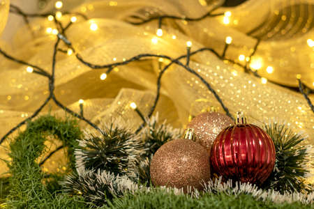 Christmas decorations with lights and bulbsの写真素材