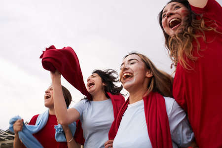 Group of female supporters of a soccer team watching a game in the stands wearing blue t-shirts. The women euphorically celebrate a goal while supporting their team in the stadium. Low angle.の写真素材