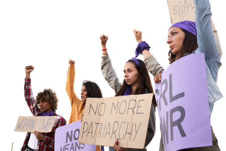 Group of demonstrators on road with a signboard saying no more patriarchy. Activist demonstrating...