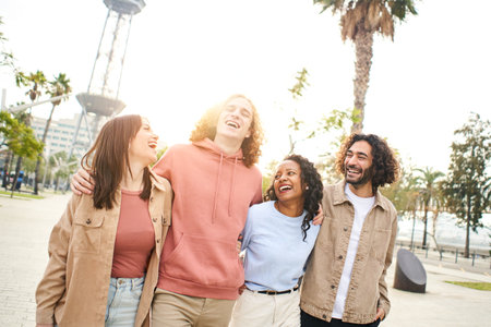 Multiracial group of friends walk in the city and having funの写真素材