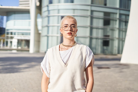 Portrait of woman with shaved hair looking at the camera serious. Confident young caucasian female standing outdoors.の写真素材