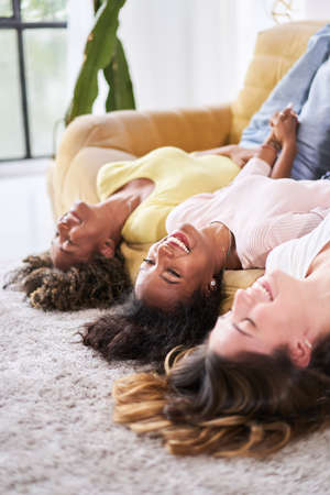 Vertical photo of a Friendship Woman Happy Smiling at Sofa. Young People Having Fun Together at Home.の写真素材