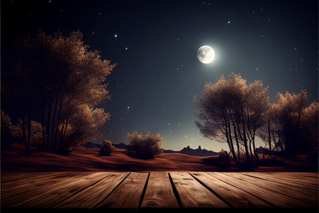 Wooden floor and autumn forest at night with moon and stars.の素材
