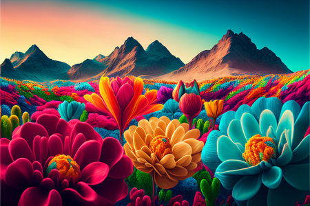 Fantasy landscape with flowers and mountains. vector illustration for your designの素材