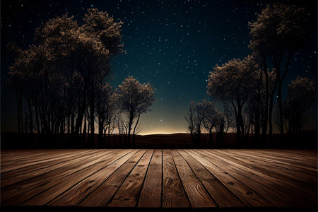 Wooden floor with trees and starry sky in the background.の素材