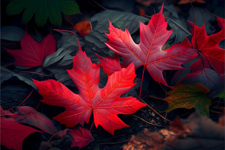 Red maple leaves on the ground in the autumn forest. autumn backgroundの素材