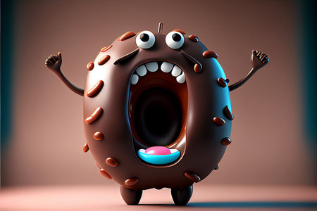 Chocolate donut character with happy expression, 3d render illustrationの素材