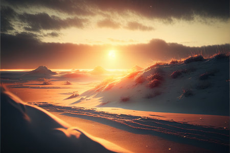 Beautiful winter landscape. Sunset over the sea. 3d renderingの素材