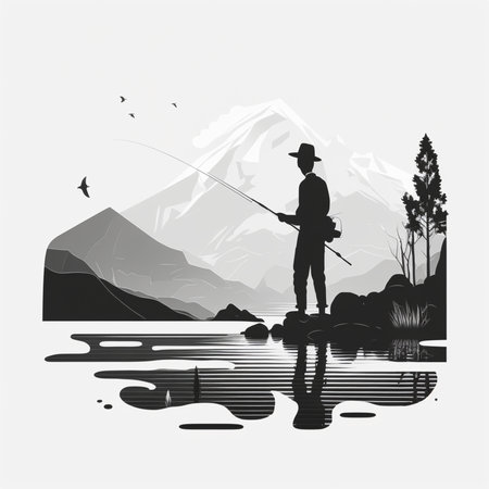 Fisherman with a fishing rod on a background of mountains. Vector illustration.の素材