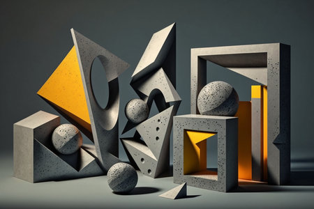 Abstract geometric shapes composition. 3D render illustration. Dark background.の素材