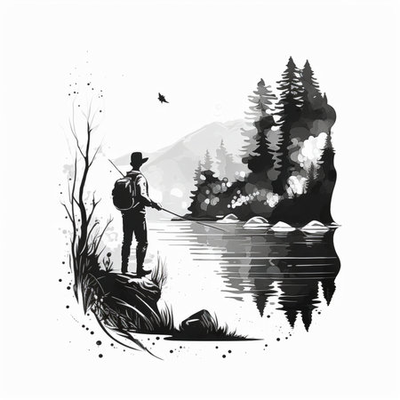 Silhouette of two fishermen with a fishing rod on the lake. Vector illustration.の素材