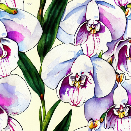 Seamless pattern with orchids. Floral watercolor background.の素材