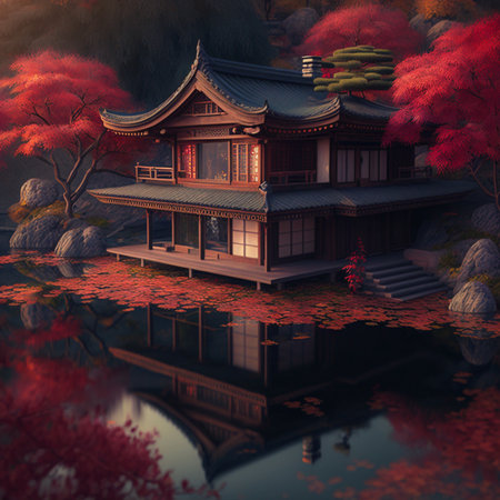 Japanese temple with autumn leaves and reflection in the lake, 3d renderの素材