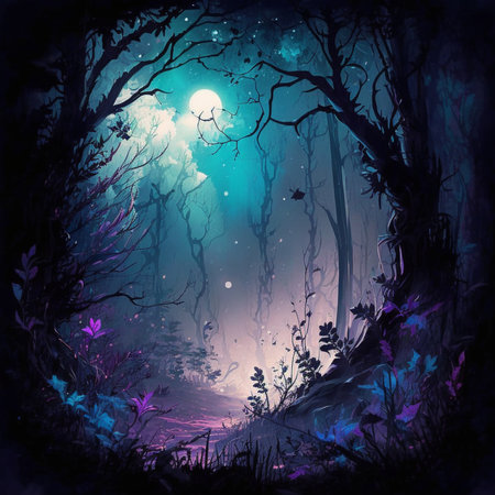 Mystical dark forest at night with full moon. Vector illustration.の素材