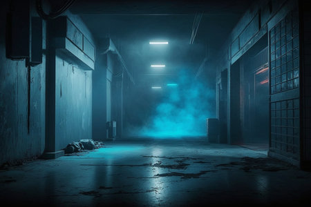 Abandoned corridor in the dark with lights and smoke. 3D renderingの素材